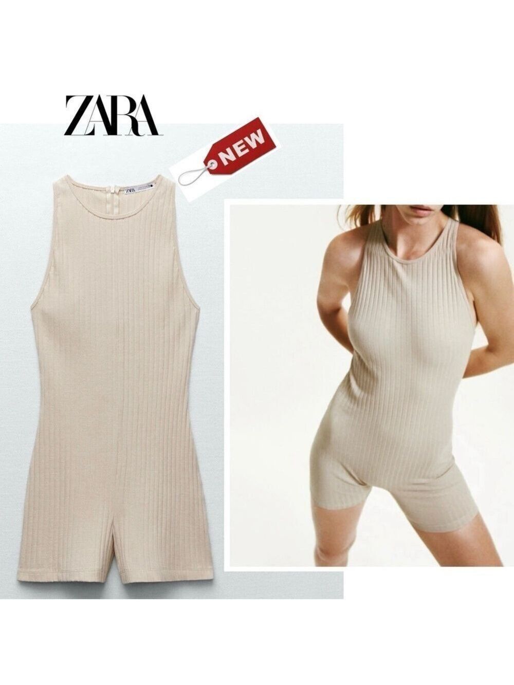 Zara cream beige ribbed knit playsuit romper bodysuit round crew neck Sz M NWT